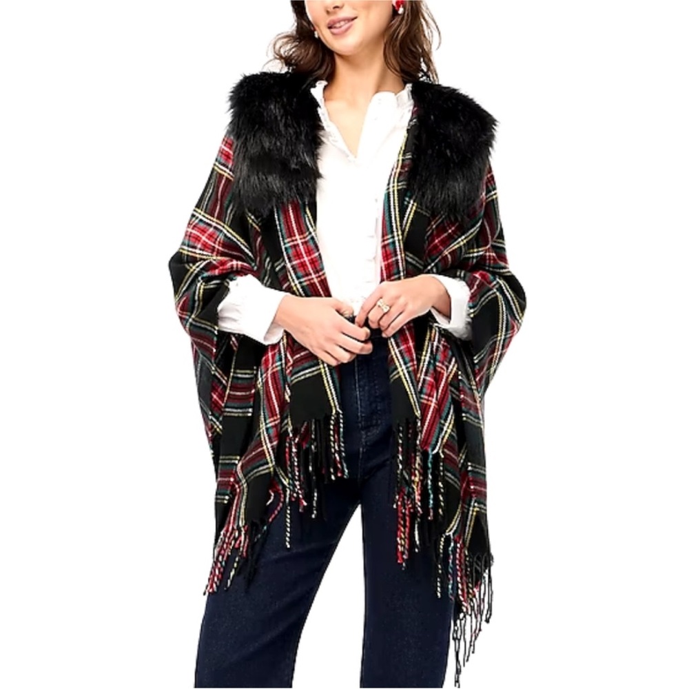 J. Crew Black Plaid Wrap with Faux Fur Collar - Picture 2 of 10